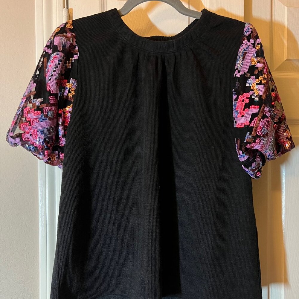 Women's THML Black Ribbed Knit Top with Sequin Mesh Puff Sleeves Blouse - Medium